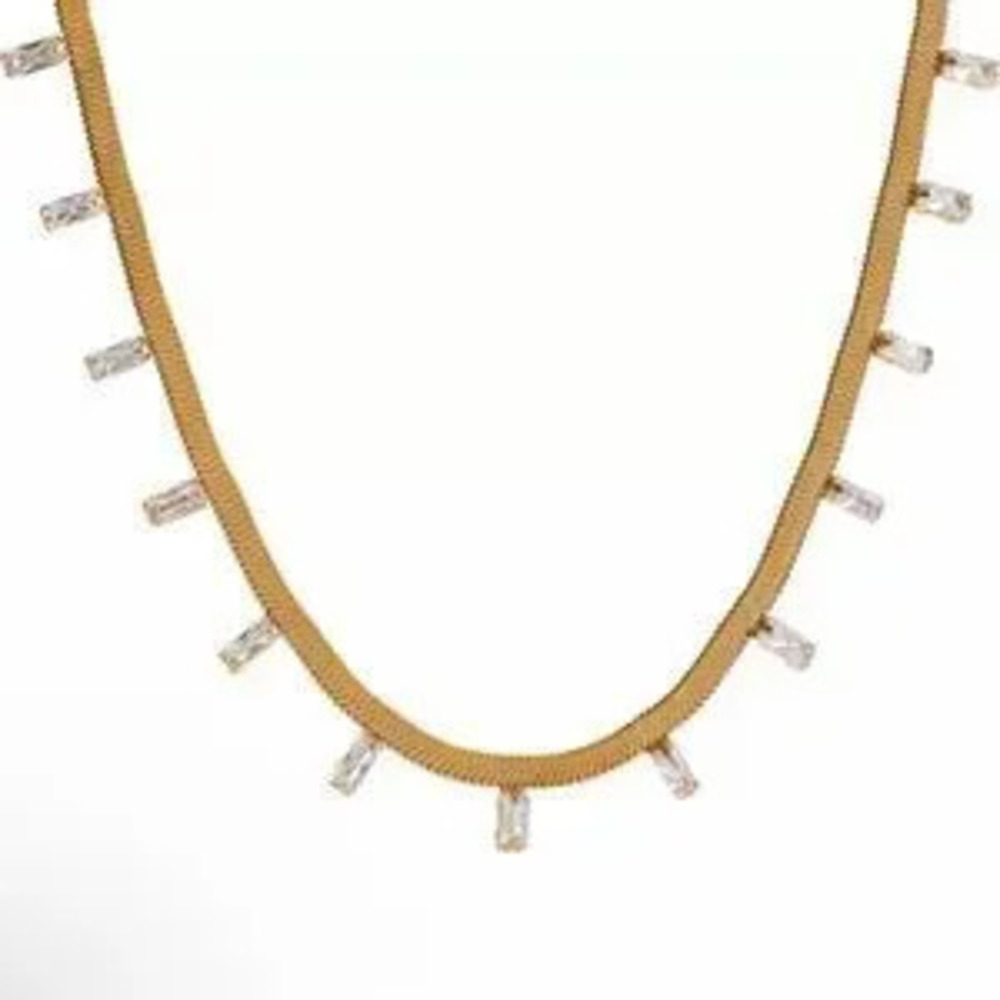 #New 18K Gold Plated 2CT?Princess Cut Diamond Flat Herringbone Necklace